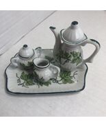 Miniature Porcelain Vintage Tea Set Tray Tea Kettle Sugar and Creamer Bowl - $13.37 CAD