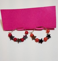 Vintage Stars Beads Loop Earrings Costume Handmade Dark Coral B66 Maine - £8.20 GBP