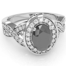 Three Stone Black Onyx Diamond Peekaboo Halo Engagement Ring In 14k White Gold - £638.68 GBP