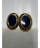 Gold Tone Navy Blue Oval Pierced Earrings Vintage - $22.13 CAD