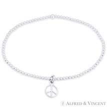 Peace Sign Hippie Movement Charm Ball Bead .925 Sterling Silver Stretch Bracelet - £21.07 GBP