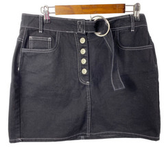 BDG Urban Outfitters Mini Skirt Large Black Denim Fly Button Belted Jean Stretch - £44.66 GBP
