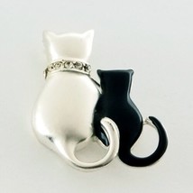 Cat Pin Enamel Brooch Silver Tone Cat &amp; Black Kitten Vintage Jewelry - £10.35 GBP