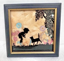 Vintage Silhouette Picture Boy Talking to Cat Kitten Pressed Flowers 4 3... - $28.22