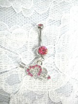 NEW PINK &amp; CLEAR CRYSTAL HEARTS ARROW LOVE CHARM 14g PINK CZ BELLY BUTTO... - $3.99