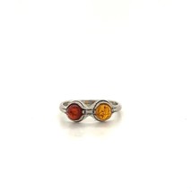 Vintage Sterling Silver Etched Carved Double Honey Amber Stone Ring Band 8 1/2 - £30.86 GBP