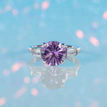 Minimalist Pass Present Future Ring - Natural Round Cut Amethyst Silver Ring - £71.48 GBP