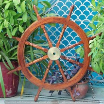 Nautical Wooden Ship Wheel Steering Wheel With Brass Handle Christmas - £119.50 GBP