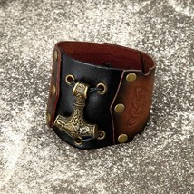 Norse Vikings Genuine Leather Wristband Men Thors Hammer Mjolnir Bracer Bracelet - £27.21 GBP