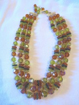 Vintage 3 strand bead Necklace  Plastic roundels green brown yellow 1970&#39;s - £11.81 GBP