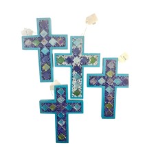 Set of 4 Blue Mosaic Wall Crosses – Handmade Glass Tile Faith Decor 9x6.... - $64.34