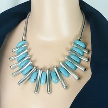 Silver Veined Blue Cabochon Sunburst Choker Statement Necklace 17in Metal - £13.38 GBP