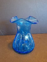 Vintage Blue Crackle Glass Vase, w/Scalloped Rim 4.75&quot; Tall  - £14.75 GBP