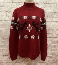 Vintage LL Bean Sweater Womens M 100% Wool Red Nordic Reindeer Snowflake - £42.17 GBP