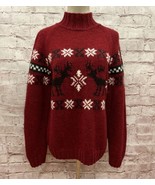 Vintage LL Bean Sweater Womens M 100% Wool Red Nordic Reindeer Snowflake - £42.37 GBP
