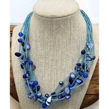 Art Bead Necklace Multi Strand Seed Beads Blue Nautical Ocean Beach Hippie - £14.93 GBP