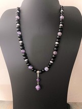 Amethyst Drop Necklace Accentuated With Veined Amethyst/Black Acrylic Beads - £25.95 GBP