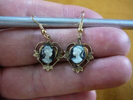 cme71-3 CLASSIC WOMAN HAIR black + off white CAMEO brass heart earrings ... - $16.09