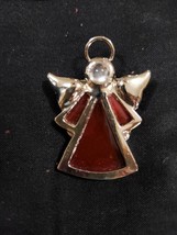 Vintage Red Stained Glass Angel Brooch Pin Gold Tone Christmas Holiday Halo - $18.42 CAD