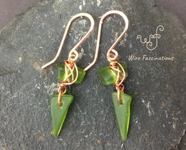 Handmade copper wire wrapped emerald green sea glass spike earrings - $31.00