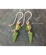 Handmade copper wire wrapped emerald green sea glass spike earrings - $31.00