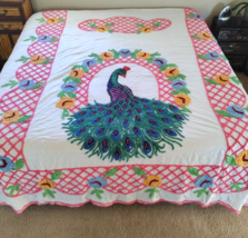 Vintage Stunning PEACOCK Chenille Bedspread 88&quot; x 102&quot; Floral Mid century - £219.97 GBP