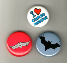 3 Promo DC Comic Book Pins ~ Batman Wonder Woman &amp; I Love Comic Shops! - £7.87 GBP
