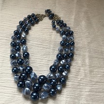 Vintage Metallic Two Toned Blue Various Shaped Tapered Bead Triple Stand Necklac - £11.16 GBP
