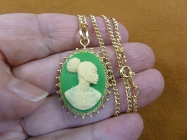 CA10-170) RARE African American LADY green + ivory CAMEO brass pendant necklace - $27.10