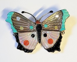 Vintage Turquoise &amp; Jet Inlay Butterfly Brooch Pendant by Shirley Lonjos... - $295.00