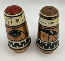 Copper Salt &amp; Pepper Shakers Set Painted Ancient Greek Pattern Vintage - $22.76