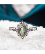 Oval Moss Agate With Purple Tourmaline Gold Ring Nature Inspired Design - $400.00+