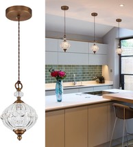 Vintage Glass Pendant Ceiling Light Fixture Retro Hanging Brass Antique Kitchen - £65.94 GBP
