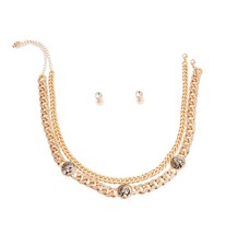 Gold Plated 2 Layer Iced Rhinestone Cuban Chain Silver Fashion Necklace Set 16&quot; - £36.34 GBP