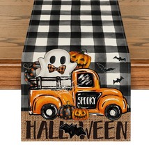 Buffalo Plaid Bat Pumpkin Ghost Truck Spooky Halloween Table Runner, Sen... - £21.92 GBP