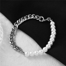 Silver Gold Pearl Cuban Link Chain Bracelet Punk Jewelry Stainless Steel 7.8&quot; - £7.11 GBP+