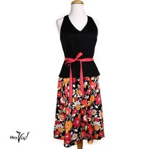 Vintage Sheri Martin Black &amp; Pink Floral Halter Dress w Peplum, Size 6 -... - $30.00