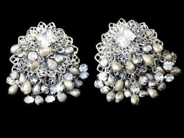 Vintage RETRO Rhinestone Pearls Jiggly Disc Button Clip Earrings 1950S - $27.80