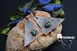 Copper electroformed triangular shape earrings sheet plate with faux turquoise s - £27.53 GBP