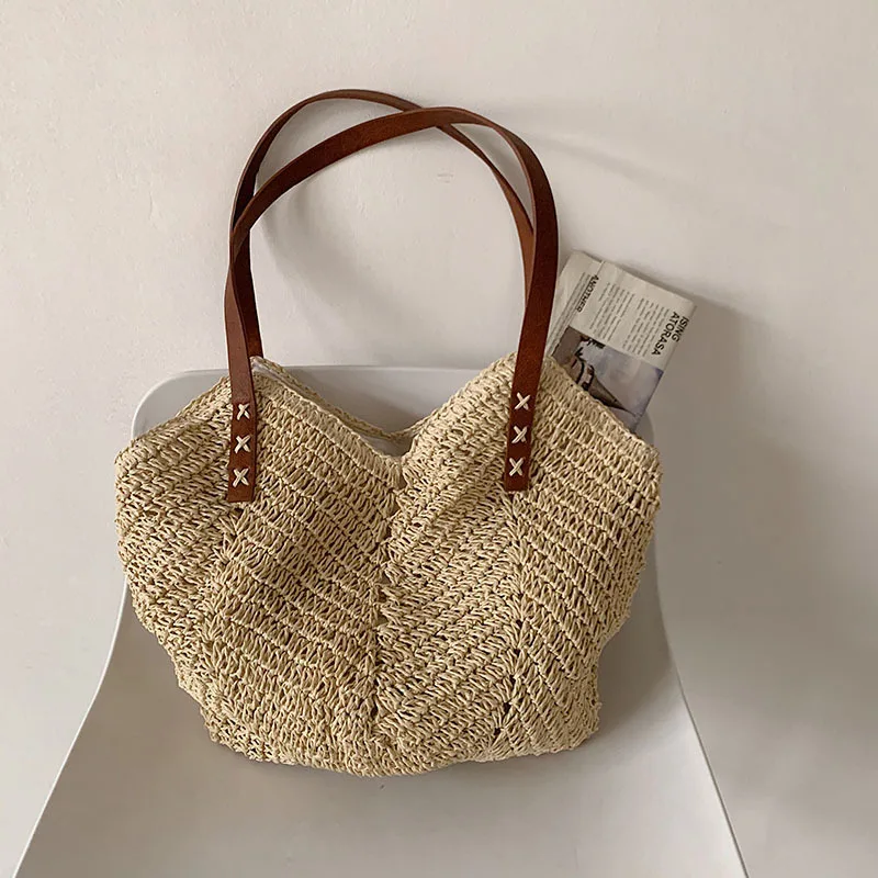 Hand-Woven Straw Women&#39;s Shoulder Handbag Bohemian Fashion Summer Beach Tote Fem - £25.86 GBP