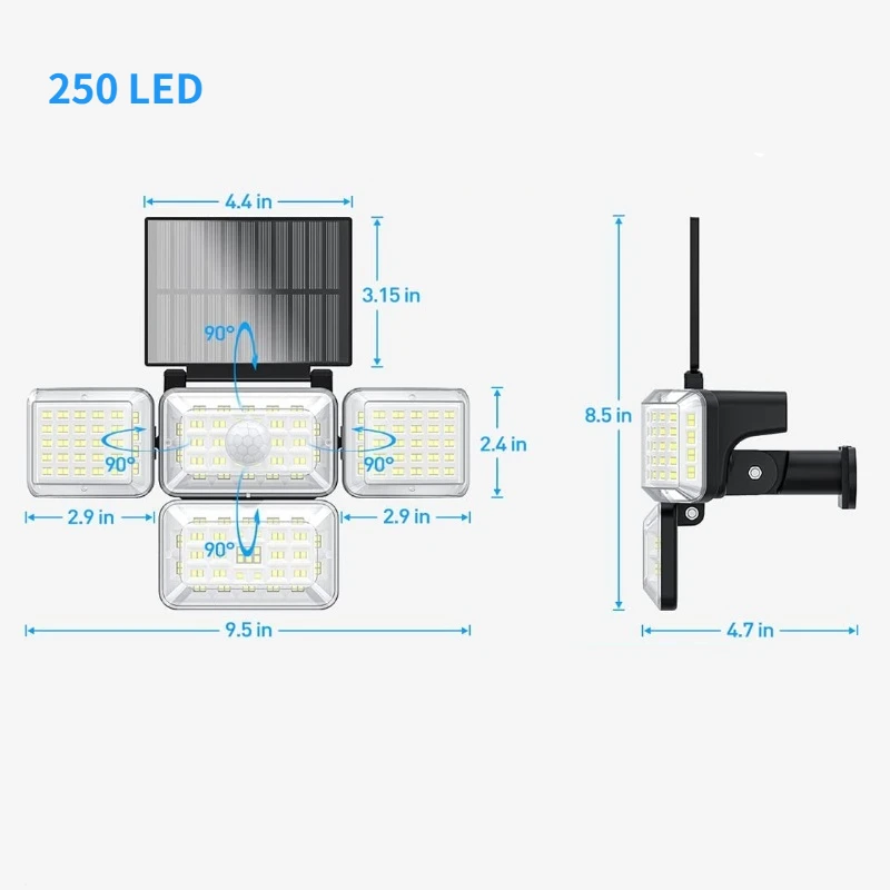 278 LED Solar Lights Outdoor Wall Lamp PIR Motion Sensor Adjustable 4 Heads Floo - £63.09 GBP