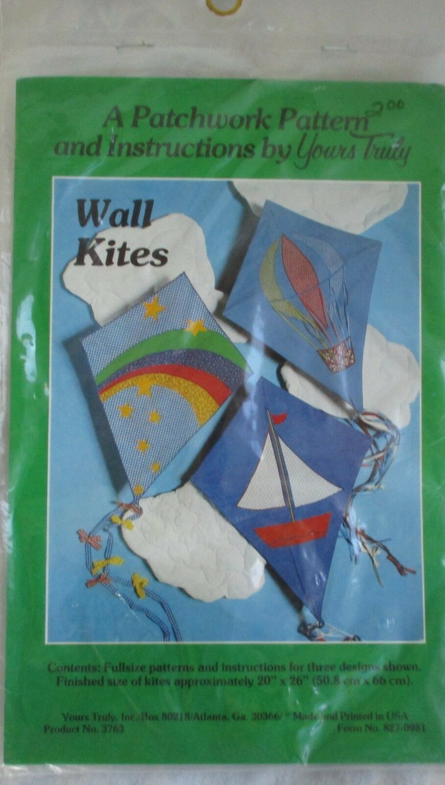 Yours Truly Pattern Wall Kites 20" x 26" UNOPENED Patchwork/Applique 3763 - $8.41