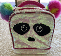 Fast Forward Girls Panda White Sequins Pink Purple Poms Zip Lunch Box - £7.32 GBP