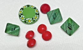 9 Vintage Cherry Red Jadeite Green Glass Buttons Some Hand Painted 3/8-7/8&quot; - $8.42