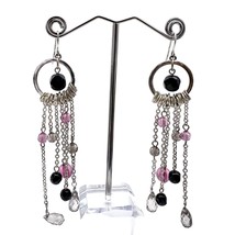 Earrings Pierced Drop Hoops Silver Tone Chains Pink Black Clear Beads - $13.86