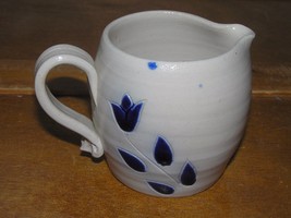 Vintage Cream with Dark Blue Tulip Flower Pottery Small Pitcher Creamer – unmark - £6.03 GBP