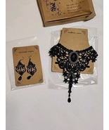 Gothic Earrings &amp; Choker Necklace Embroidered Beaded Black Gems Lace - £9.72 GBP