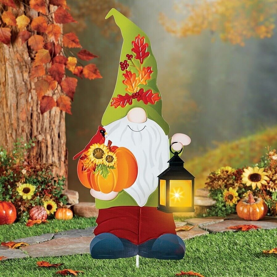Solar Fall Harvest Gnome Pumpkins Garden Stake Thanksgiving Halloween La... - $23.48