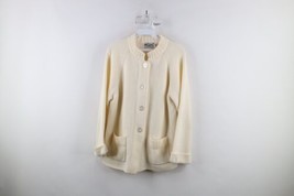 Vtg 60s 70s Streetwear Womens XL Distressed Ribbed Knit Cardigan Sweater Cream - £47.33 GBP