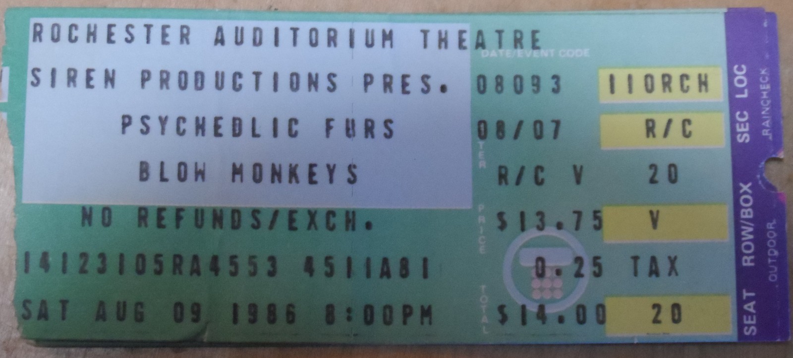 Psychedlic Furs Blow Monkeys 1986 Ticket Stub Rochester Auditorium Vinta... - $8.75